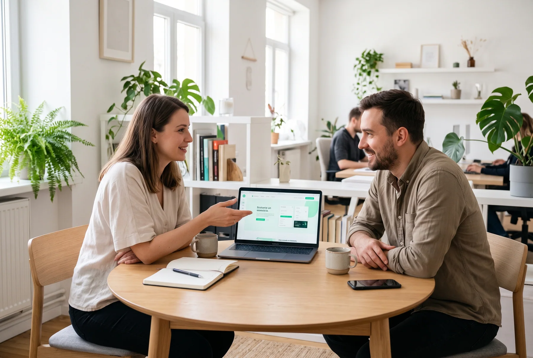 Discuție despre un proiect web, cu o prezentare pe laptop