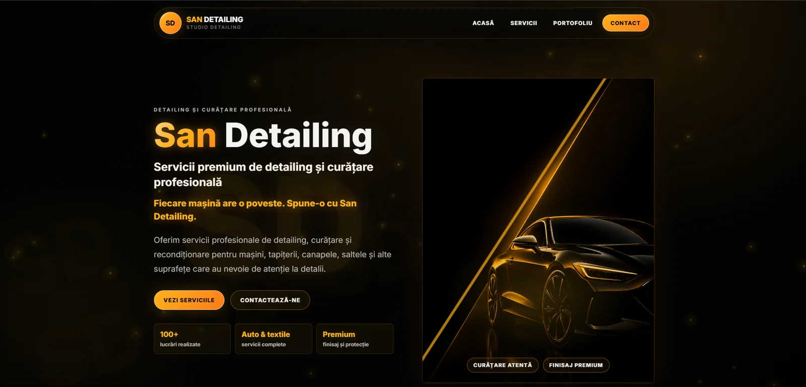 SAN Detailing — pagina principală cu identitatea negru și auriu