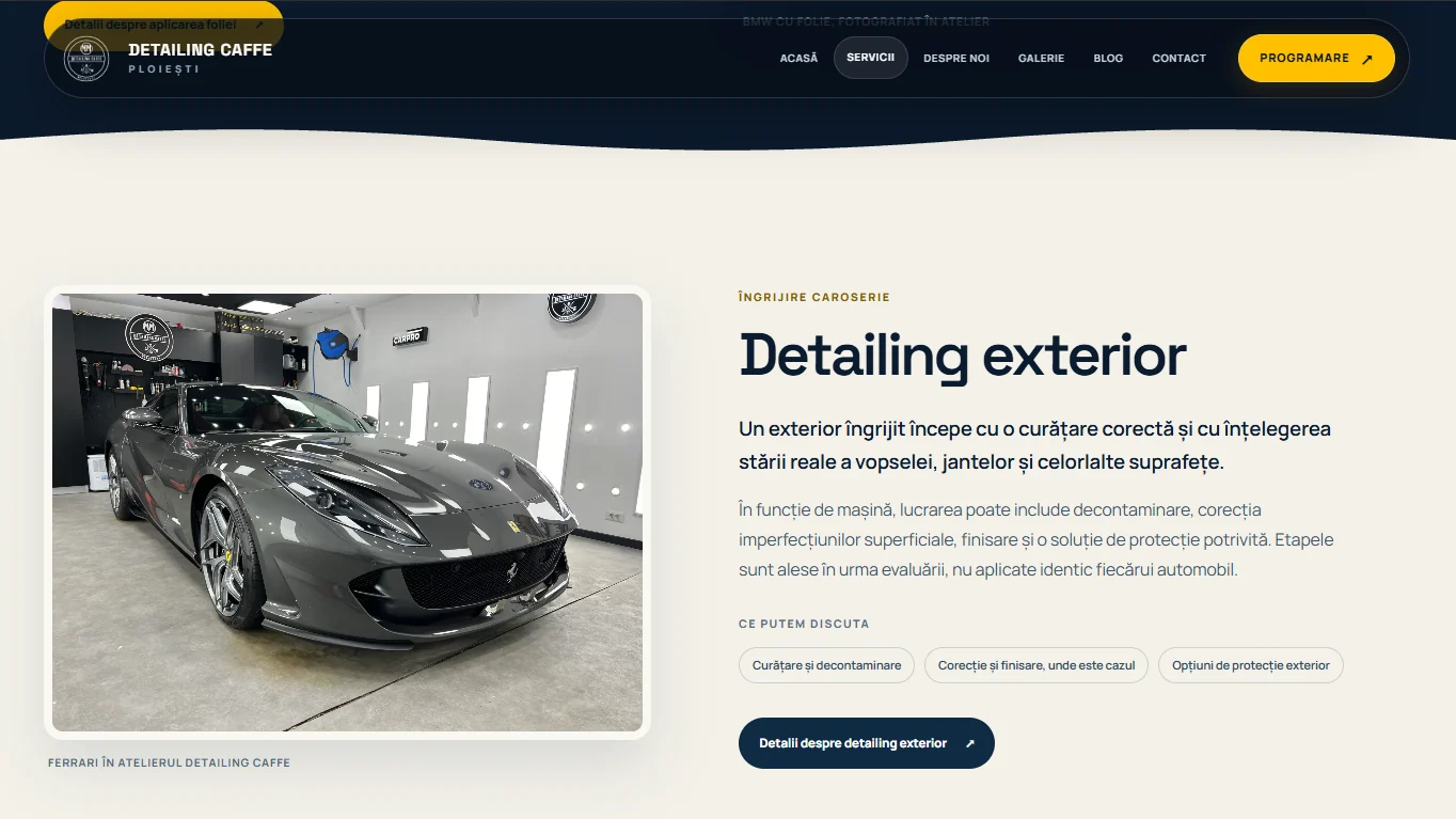 SeoDetailingCaffe — pagina de servicii și prezentarea detailingului exterior
